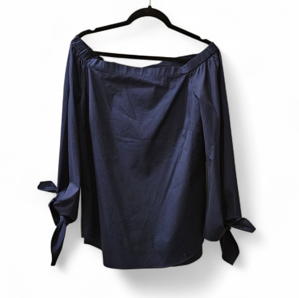 Navy Off-Shoulder Blouse with Bow Sleeves